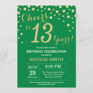 Green and Gold 13th Birthday Diamond Invitation