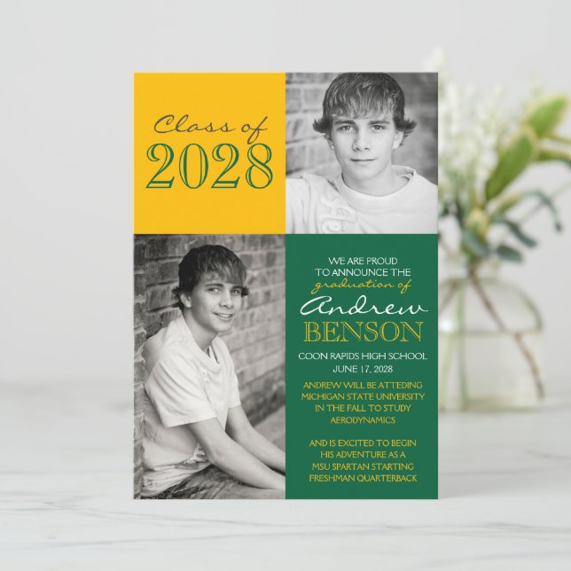Green and Gold 2 Photo Graduation Announcement (Standing Front)