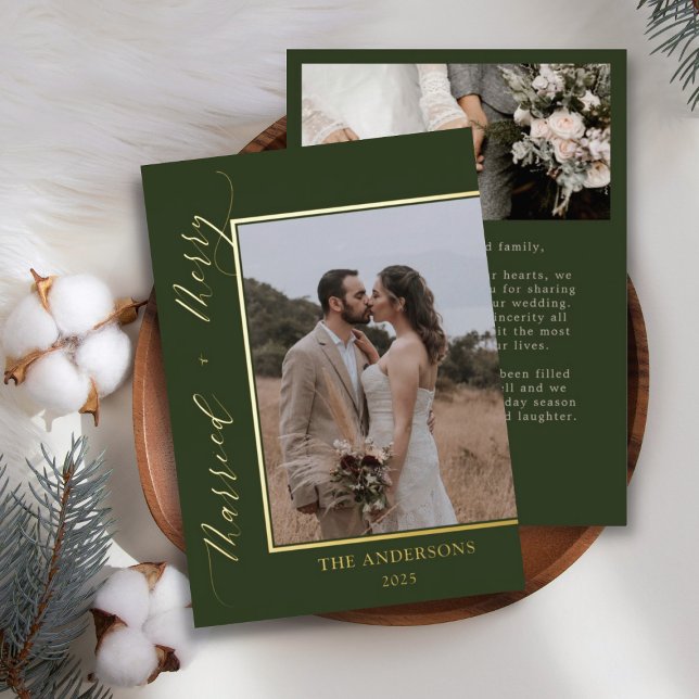 Green and Gold 2 Photo Merry Married Christmas  Foil Holiday Card (Creator Uploaded)
