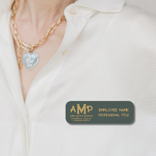 Green and Gold 3 Letter Monogram Business Employee Name Tag