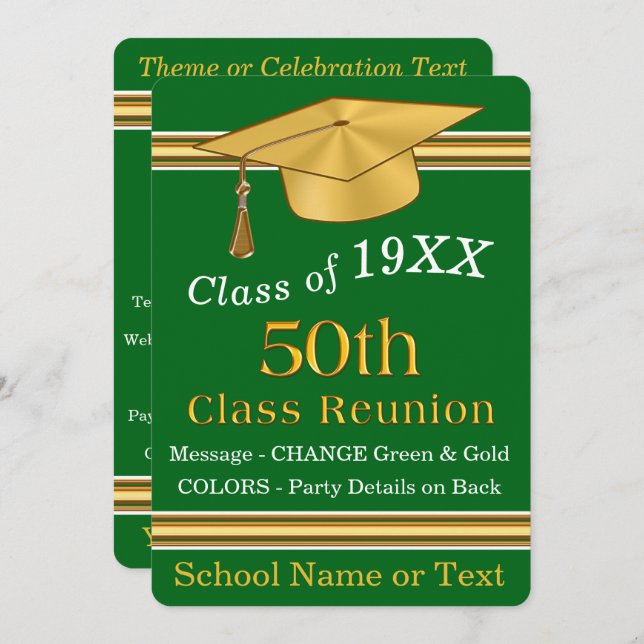 Green and Gold 50 Year Class Reunion Invitations (Front/Back)