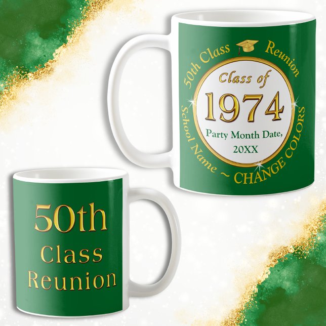 Green and Gold, 50 year Class Reunion Souvenirs,  Coffee Mug (Personalized, Class of 1974, Mugs. 50th class reunion gift ideas and souvenirs. Green, Gold, White.)