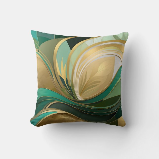 Green and Gold Abstract Modern Leaf Cushion (Front)