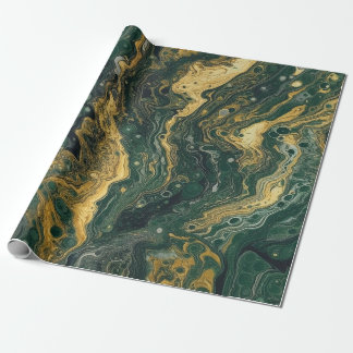 Green and Gold Acrylic Pour Seamless Wrapping Paper