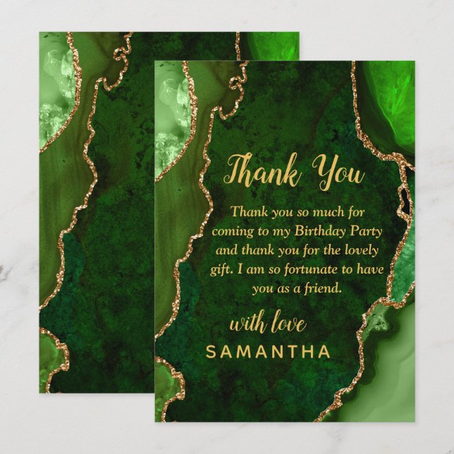 Green and Gold Agate Birthday Party Thank You Card (Front/Back)