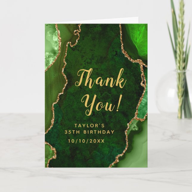 Green and Gold Agate Birthday Thank You Card (Front)
