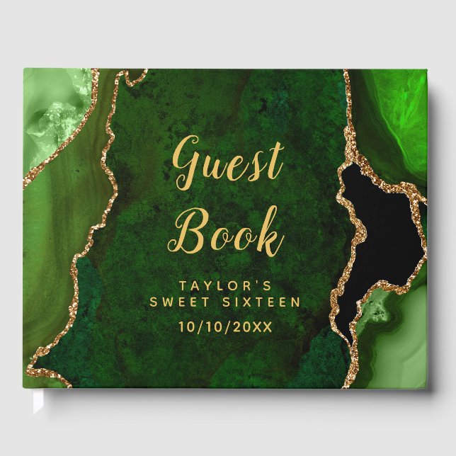 Green and Gold Agate Marble Sweet Sixteen Guest Book (Front)