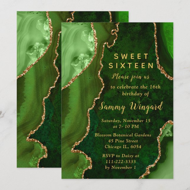 Green and Gold Agate Marble Sweet Sixteen Invitation (Front/Back)