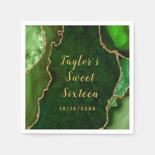 Green and Gold Agate Marble Sweet Sixteen Napkin (Front)