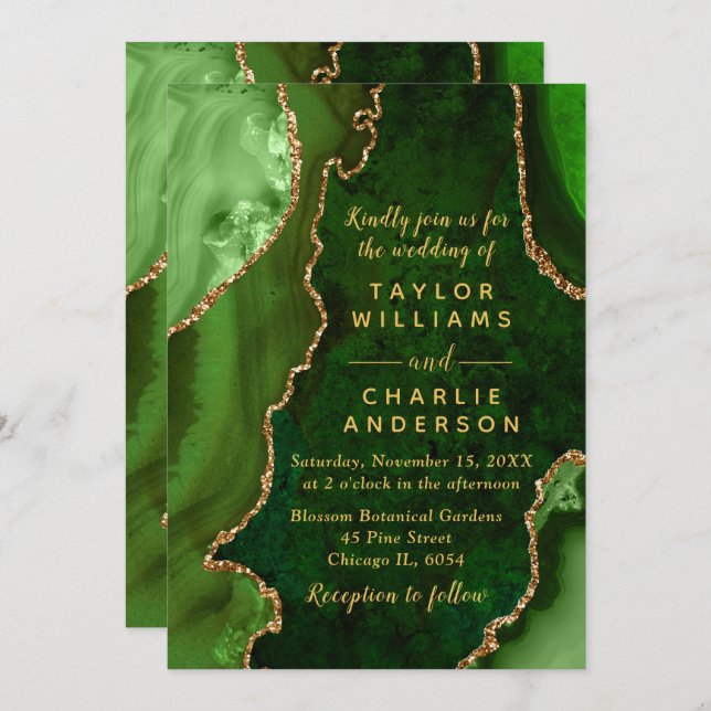 Green and Gold Agate Marble Wedding Invitation (Front/Back)