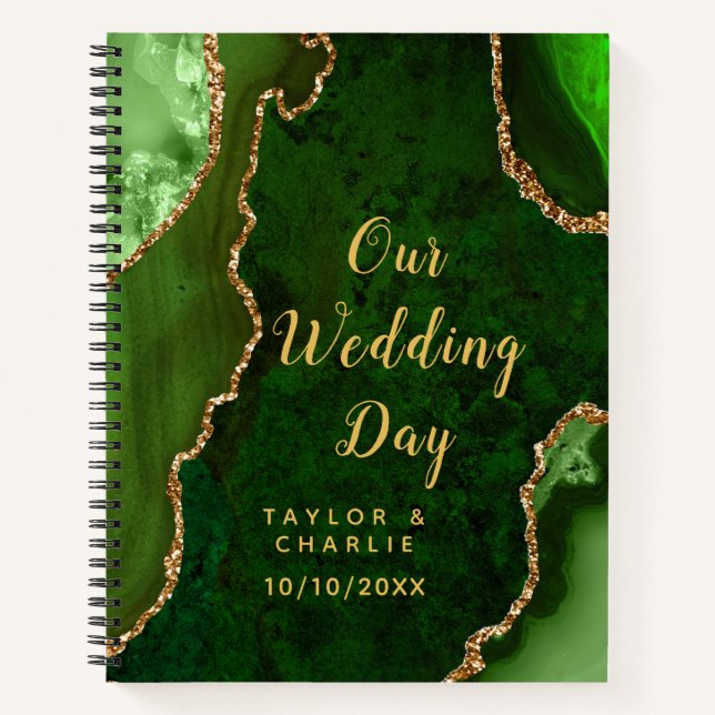 Green and Gold Agate Marble Wedding Notebook (Front)