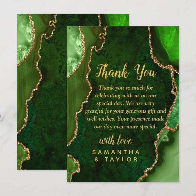 Green and Gold Agate Marble Wedding Thank You Card (Front/Back)
