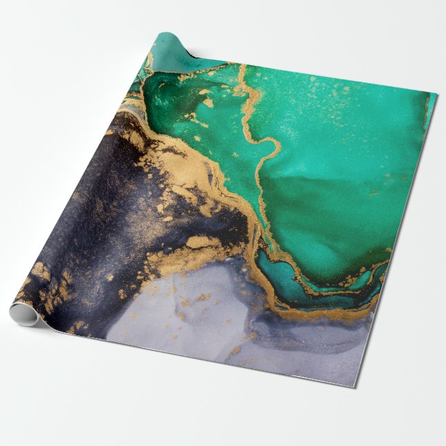 Green and gold agate marble wrapping paper (Unrolled)