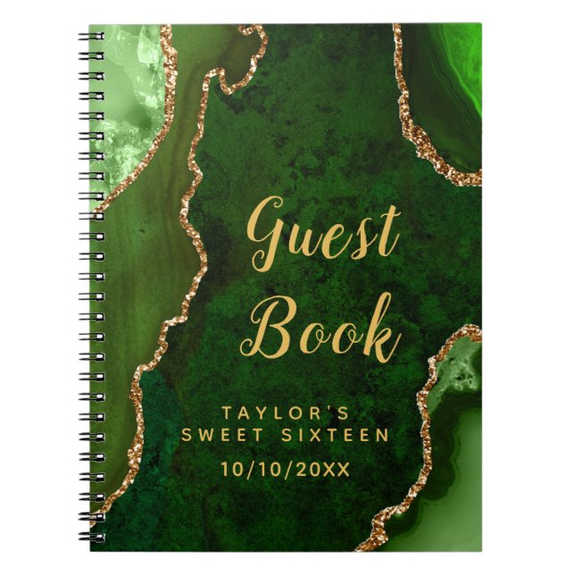 Green and Gold Agate Sweet Sixteen Guest Book (Front)