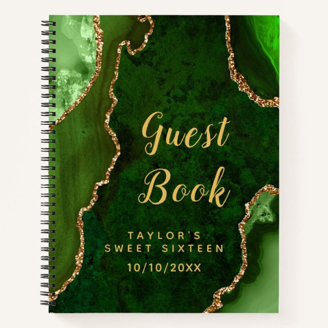 Green and Gold Agate Sweet Sixteen Guest Book (Front)
