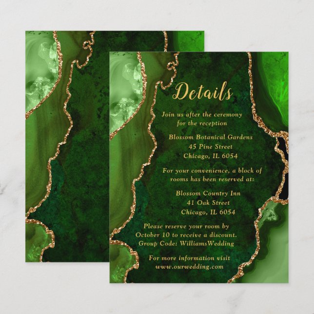 Green and Gold Agate Wedding Details Enclosure Card (Front/Back)