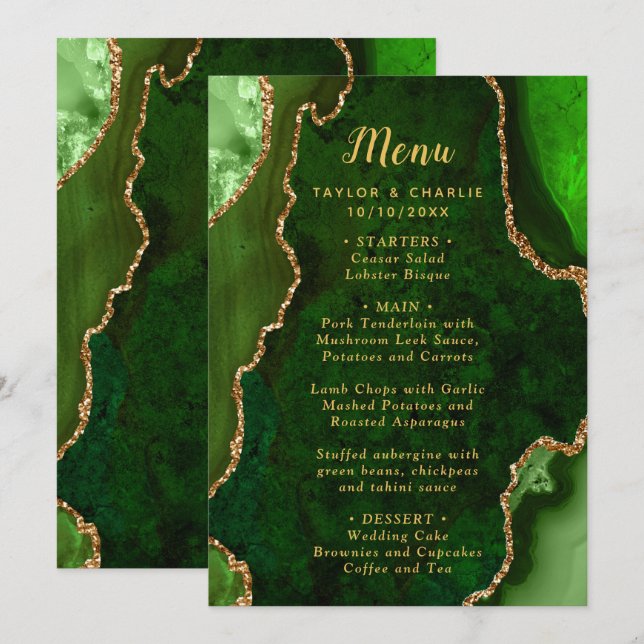 Green and Gold Agate Wedding Menu (Front/Back)