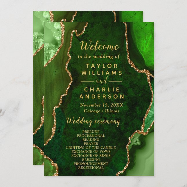 Green and Gold Agate Wedding Program (Front/Back)