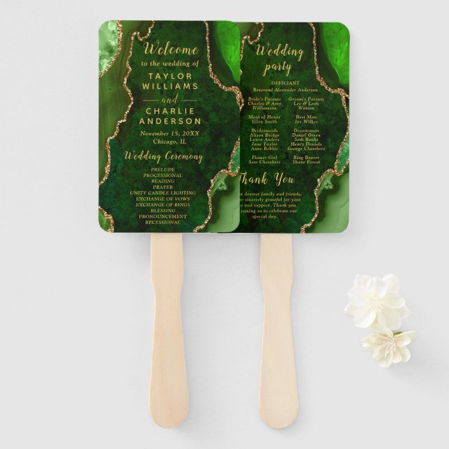 Green and Gold Agate Wedding Program Hand Fan (Front and Back)