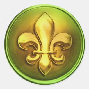 Green and Gold and  Fleur de Lis Embossed Look Classic Round Sticker