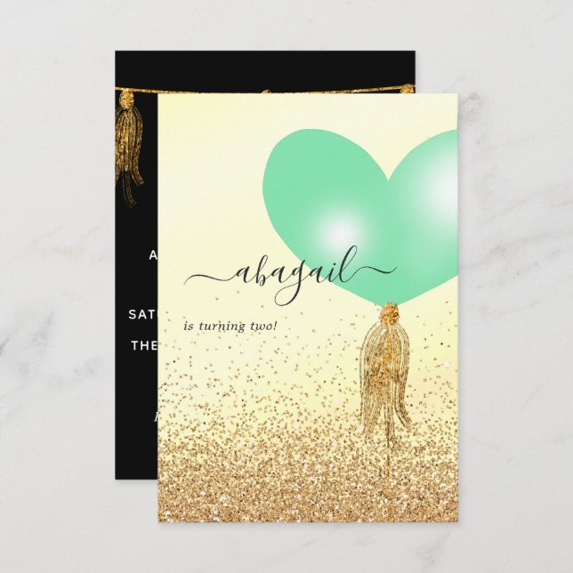Green and Gold and Pink Birthday Party Invitation (Front/Back)