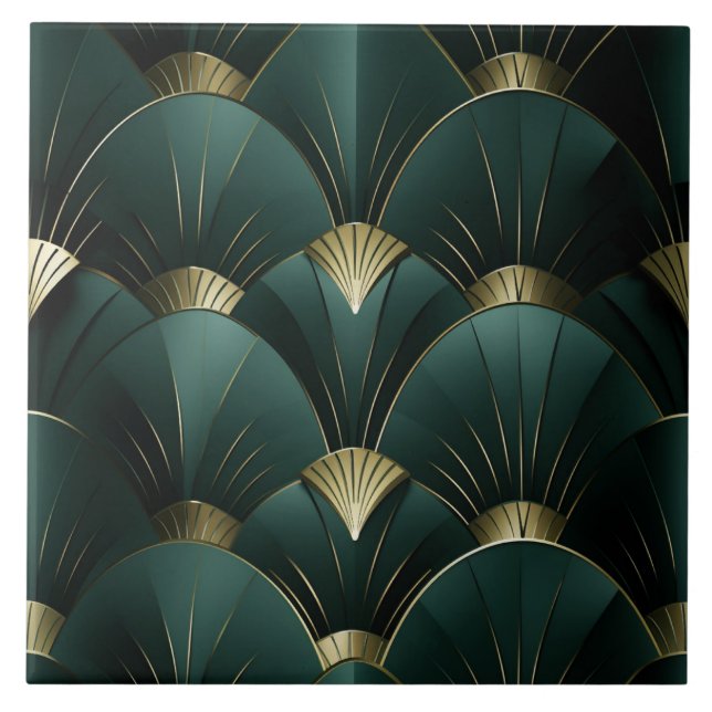 Green and Gold Art Deco Fan Pattern Ceramic Tile (Front)