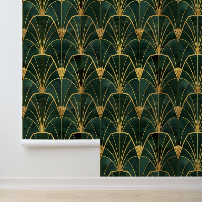 Green and Gold Art Deco Geometrics Wallpaper (Application)