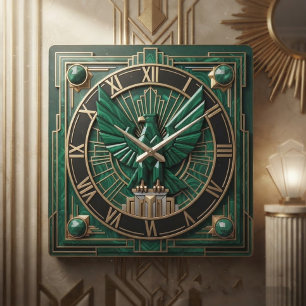 Green and Gold Art Deco Luxury Malachite Eagle Square Wall Clock