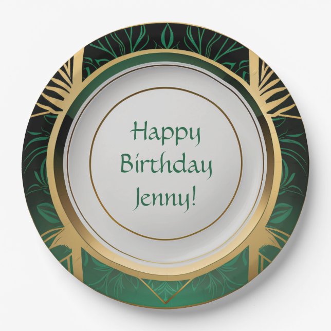 Green and Gold Art Deco Paper Plates Personalised (Front)