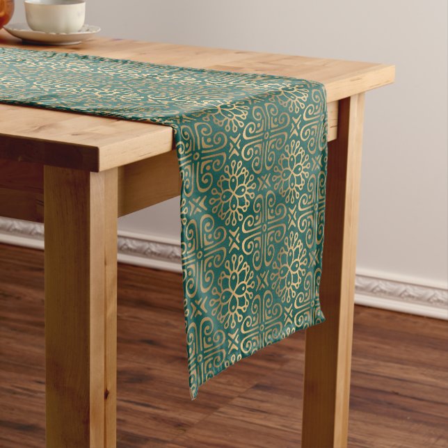 green and gold art deco pattern tiled long table runner (In Situ)