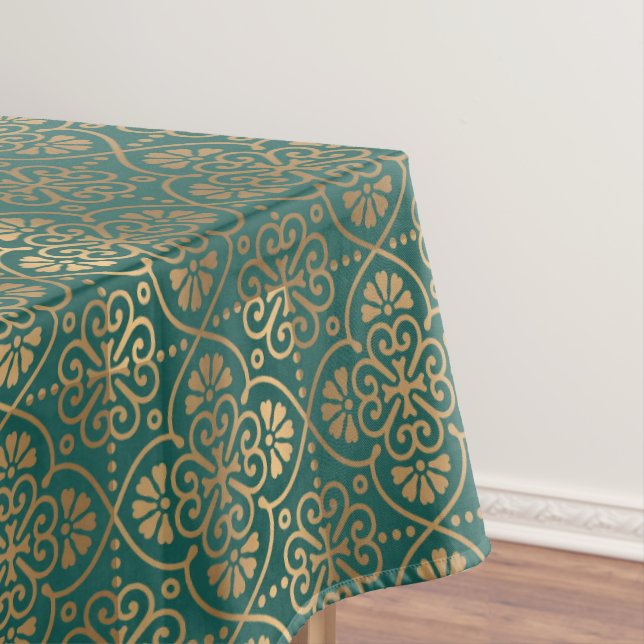 green and gold art deco pattern tiled tablecloth (In Situ)