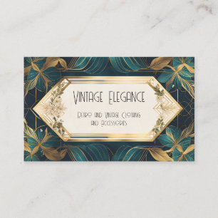 Green and Gold Art Deco Ribbons and Leaves Business Card