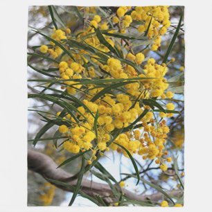 Green and gold Australian wattle blossoms Fleece Blanket