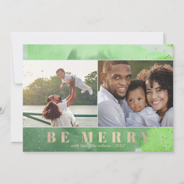 Green and Gold Be Merry Abstract Multiple Photo H Holiday Card (Front)
