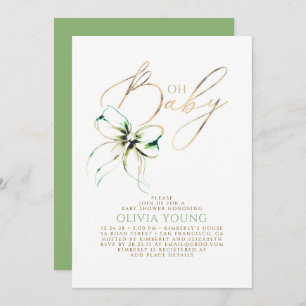 Green and Gold Bow Gender Neutral Baby Shower Invitation