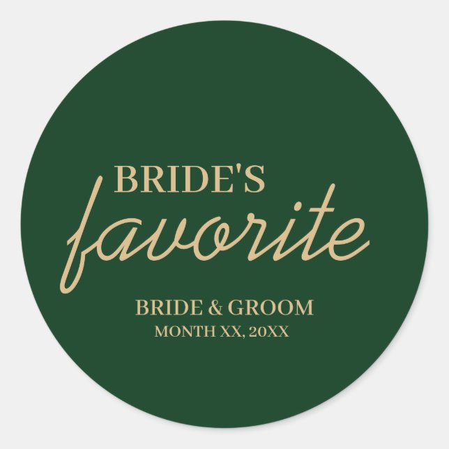 Green and Gold Bride's Favourite Snack Wedding Classic Round Sticker (Front)