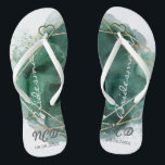 Green and Gold Bridesmaid Favour Monogram Thongs<br><div class="desc">You will love this tan (also available in white in my collection) background with green and gold watercolor geometric frame with gold glitter textures. Great for your wedding venues!</div>
