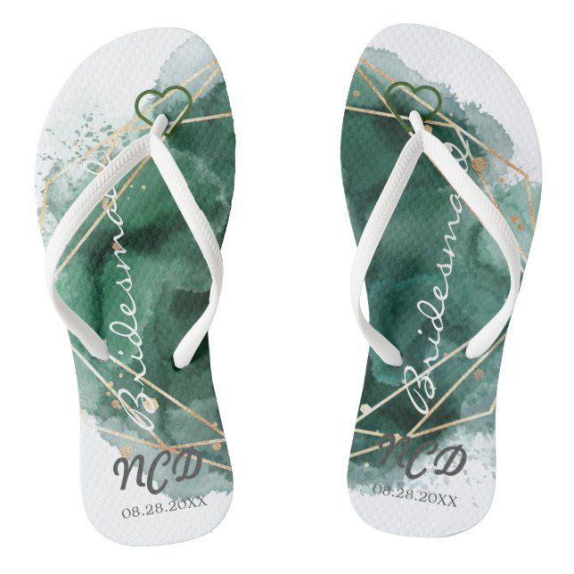 Green and Gold Bridesmaid Favour Monogram Thongs (Footbed)