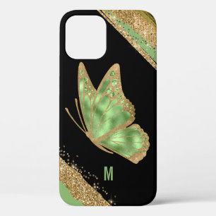 Green and Gold Butterfly Monogrammed  iPhone 12 Case