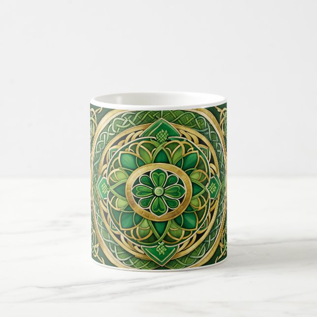 Green and Gold Celtic Knots & Stylised Flowers Coffee Mug (Center)
