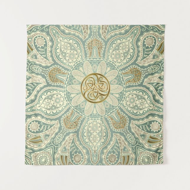 Green and Gold Celtic Triskele Mandala Tapestry (Front)