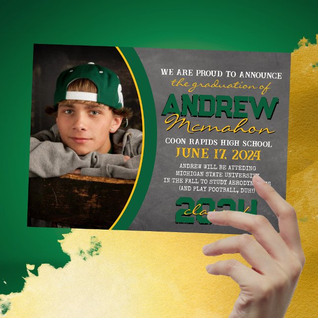 Green and Gold Chalkboard Graduation Announcement (Green and Gold 1 Photo Chalkboard Graduation Announcements)