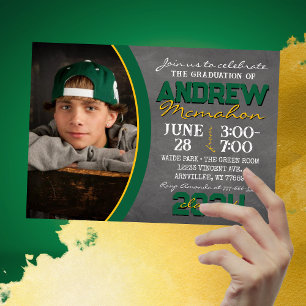 Green and Gold Chalkboard Graduation Invitation