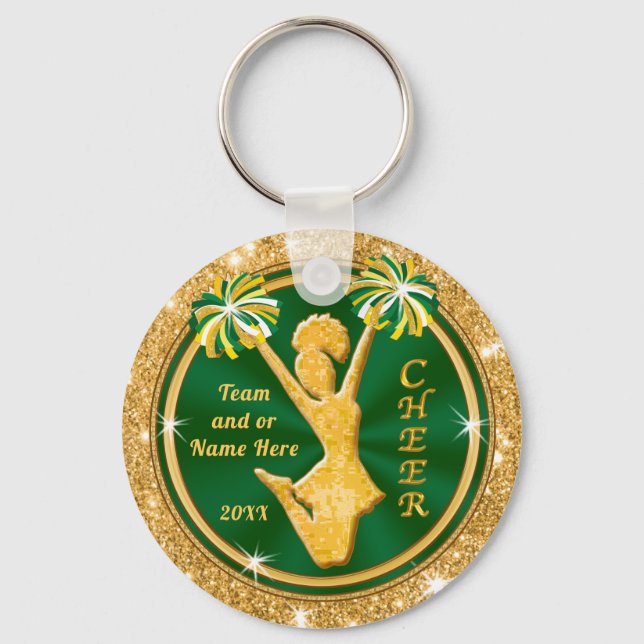 Green and Gold Cheerleader Keychains, Your TEXT Key Ring (Front)
