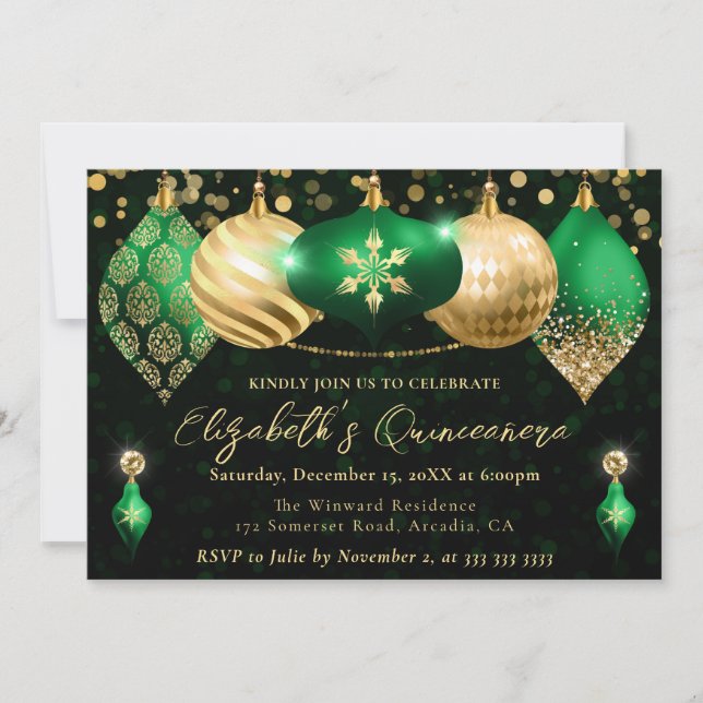 Green and Gold Christmas Baubles Quinceanera Invitation (Front)