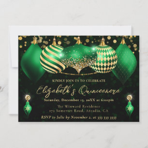 Green and Gold Christmas Baubles Quinceanera Invitation