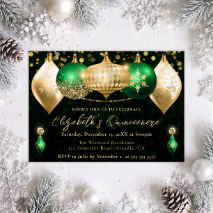 Green and Gold Christmas Baubles Quinceanera Invitation