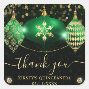 Green and Gold Christmas Baubles Quinceanera Square Sticker