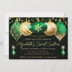 Green and Gold Christmas Baubles Sweet 16 Invitation