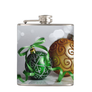 Green and Gold Christmas Ornaments Hip Flask